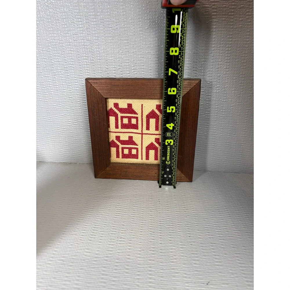 Vintage 1982 Anne Ulrich Handcrafted Cross Stitch Framed House Folk Art 7x7